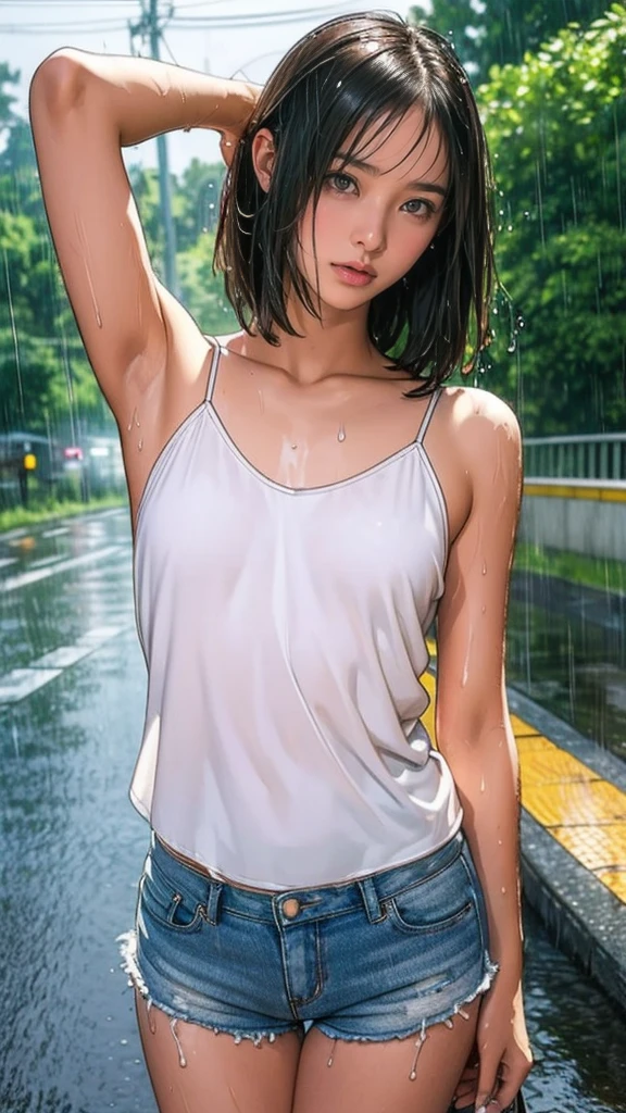 ((masterpiece,Highest quality;1.3,Best illustrations)), ((get wet:1.5)), (Raise your arms, Please show me your armpits:1.3), (Beautiful breasts, Large Breasts), Cowboy Shot,1 girl、10-year-old girl、alone,((very small head:1.5)),Black Hair, Bobcut, Open forehead, short hair,((Toned body, Slender body, skinny)),Glowing Skin, Glowing Skin, Oily skin, (Soaked in the rain、camisole、Micro Shorts)、heavy rain、rain、on the road,Tokyo,