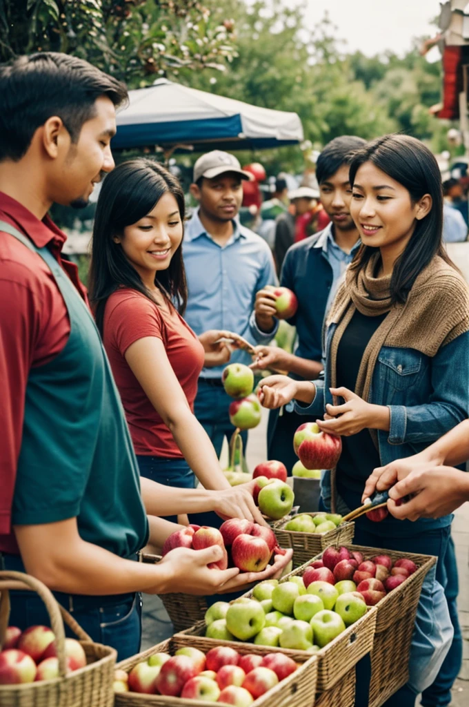 A group of people exchanging products, I eat apples for fish
