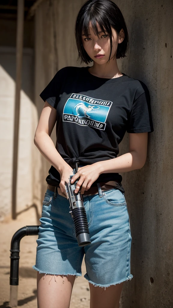 photograph, (Realistic: 1.4), (Surreal: 1.4), (Cinematic: 1.5), 20-year-old women, Japan, Woman with a gun, (Desert Eagle), Nikita, night, Cyan Light, tension, short hair, Holding a gun in both hands, underground, black t-shirts, Electrical cord on the wall, water pipe