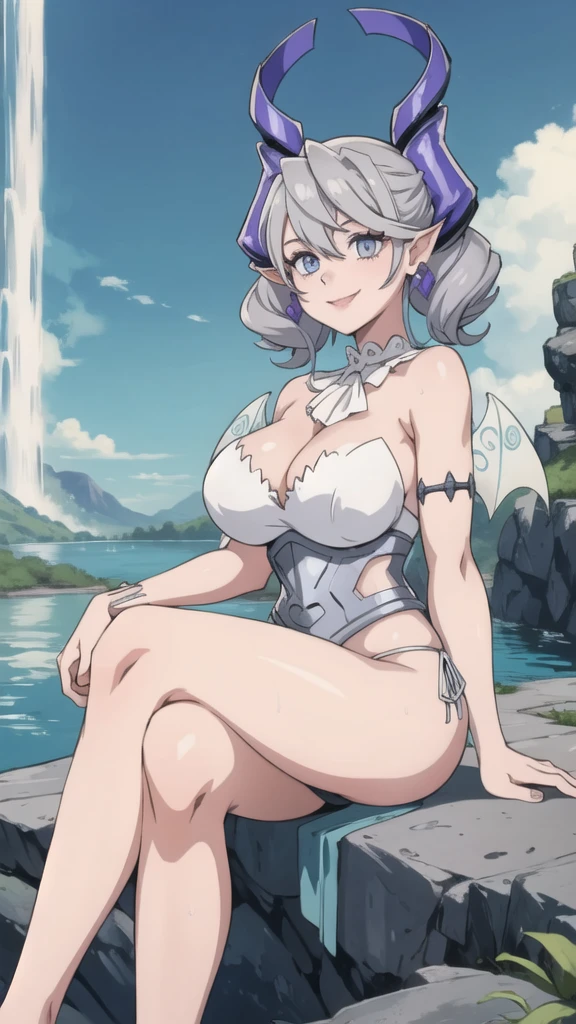 Waterfalls High level image quality best image quality 8K adult woman background a lake in the middle of jungle outside more colors whole body view portrait wearing bikini white horn ears short hair((shortcut)(gray hair)(perm)(fluffy)) eye color is blue , , attractive evil face , smile , sexy pose , labrynth , barearm , both arms up the head , wearing pink , wings , sitting ,