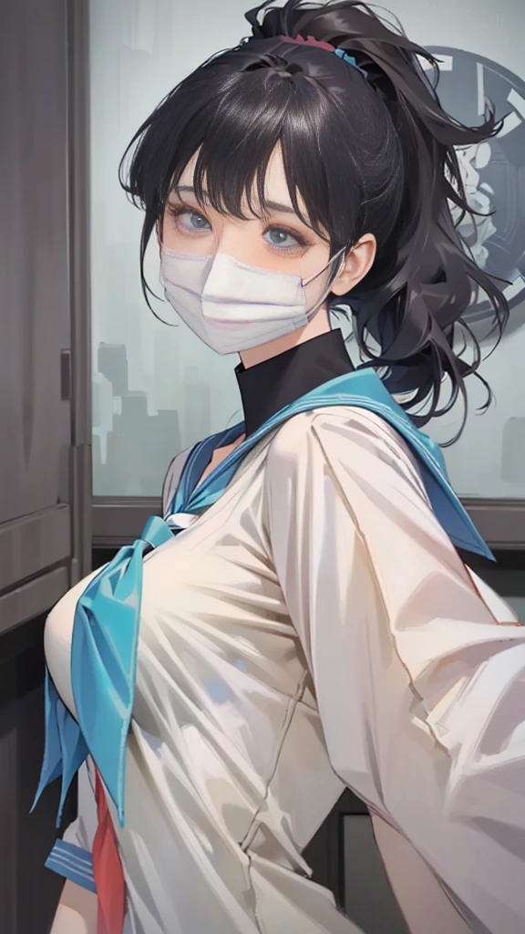 (sound、Can be viewed、masterpiece、high quality、High resolution、High-end rendering、Safe at Work、Safety Sensor),Super large 、Top View、Mature Girls、(Fallacy:1.5, Shift the mask、clothing、Mesugaki Smiles:1.5, )POV sex, Hyottoko fellatio、deep throat、[WAI-ANI-NSFW-PONYXL:100],
score_9, score_8_up, score_7_up, score_6_up, score_5_up, score_4_up, masterpiece, best quality, cement,
rating_explicit,
1girl, 1man, hetero, fellatio, handjob, penis on face, mouth mask, surgical mask, face focus, (fellatio under mask:1.2), from side,
half-closed eyes, blush, heavy breathing, heart,
BREAK
, , (black hair), ponytail, wavy hair, (hair between eyes:0.7), sideburns, flipped hair, (aqua scrunchie:1.0), (large breasts:1.2),
(open clothes:1.3), shirt lift,
serafuku, white shirt, white sleeves, short sleeves, sleeves line, navy sailor collar, aqua neckerchief,

classroom, clothed female nude male,