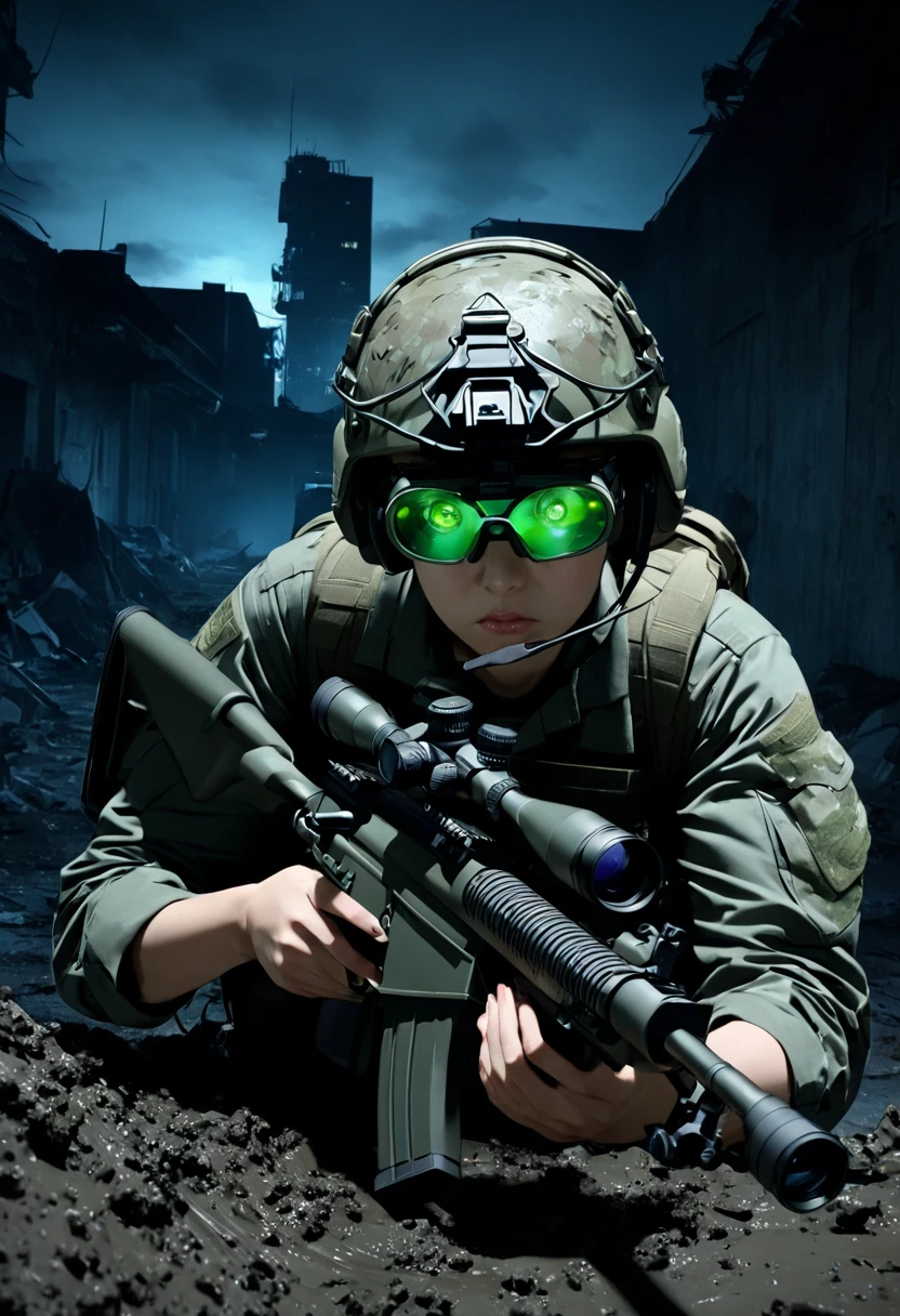 Ultra-high resolution 3D CG art,A modern soldier girl is sniping at night,Girls are modern snipers,Her hair is short and chestnut.On his head he wears an urban camouflage helmet, the kind worn by modern soldiers.Put on night vision goggles and look through the rifle scope.Wearing modern soldier uniforms in urban camouflage and carrying military backpacks,Possess a long-range sniper rifle He is lying face down on the ground on the roof of an abandoned building, looking through the scope of a rifle.Perfect rifle description, accurate rifle description,Tension, nervousness,The girl was covered in mud and dust.Night vision goggles green light afterglow effect,The beautiful depiction and luster of the rifle,A perspective of a girl seen from diagonally in front,(High quality,high resolution, masterpiece, best quality4k, 8k.1.2)Ultra detail,Ultra-fine painting,Super Fine View,