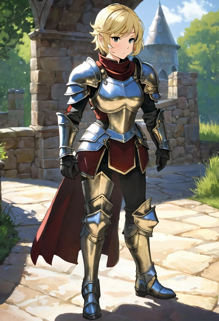 upper body, closed mouth,def_jade,looking at viewer, armor, breastplate,gauntlets, shoulder armor, pauldrons, boots, visor (armor), faulds, plate armor, greaves,outdoors, (masterpiece, best quality, ultra-detailed, best shadow),blonde short hair