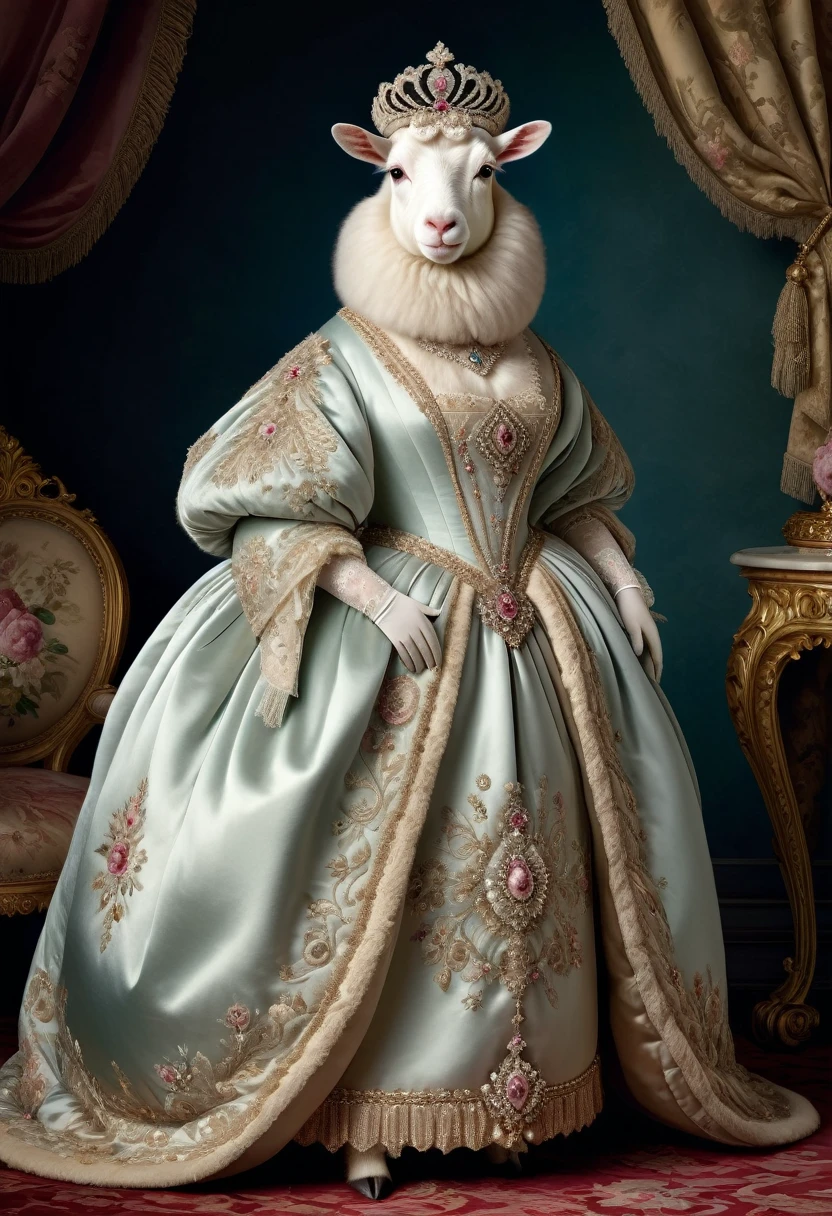 photorealistic portrait of Dressed animals - a ((fat)) (angora goat) princess, (full body image:1.5),(elegant pose:1.5) Wearing luxury sack-back gown,(wearing luxury tiara),(hands on hips:1.5), Old-fashioned luxury princess dress, detailed and opulent description of a princess's aristocratic sack-back gown in Rococo , emphasizing luxurious fabrics, intricate embroidery, and ornate accessories, Rococo style king palace background,(looking at viewer:1.5),score_9, score_8_up, score_7_up, score_6_up, score_5_up, score_4_up,
