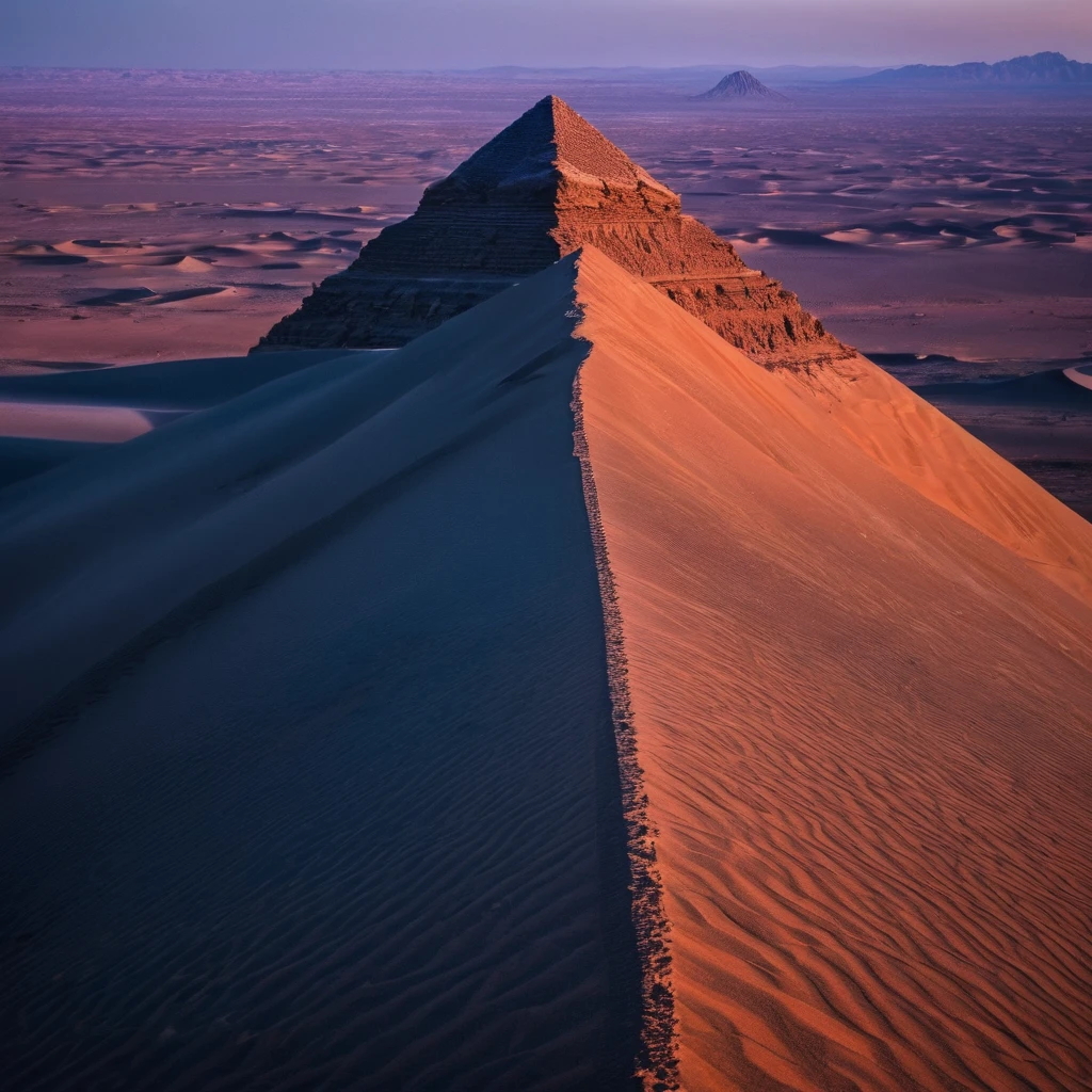 Foreground a vast desert with beautiful dunes which have different sizes, some larger than others, These look like fine, soft sand., It seems that they are moved by a delicate wind, plays with the shadows that they cast. From the camera angle it appears to be a first-person shot., Well, it is from the visual perspective as if I were looking straight at the entire scene., From that angle you can see a straight translucent path of different colors that makes its way through the middle of the desert.. This translucent path of colors takes the viewer to a colossal pyramid that is in full radiance., This pyramid has a particular shape since from the front it can be seen that it has many steps that lead to what appears to be a flat base and that it has a large statuette carved in stone of two intertwined snakes that form the figure of human DNA.. This landscape is wrapped in a night atmosphere where the observable sky is illuminated by stars and nebulas of beautiful colors., which means that the landscape was from a very early period in that place. The image details are impressive, It seems like a landscape out of this time and plane, something incredible for what has always been seen by human beings. ((All elements must be frontal))