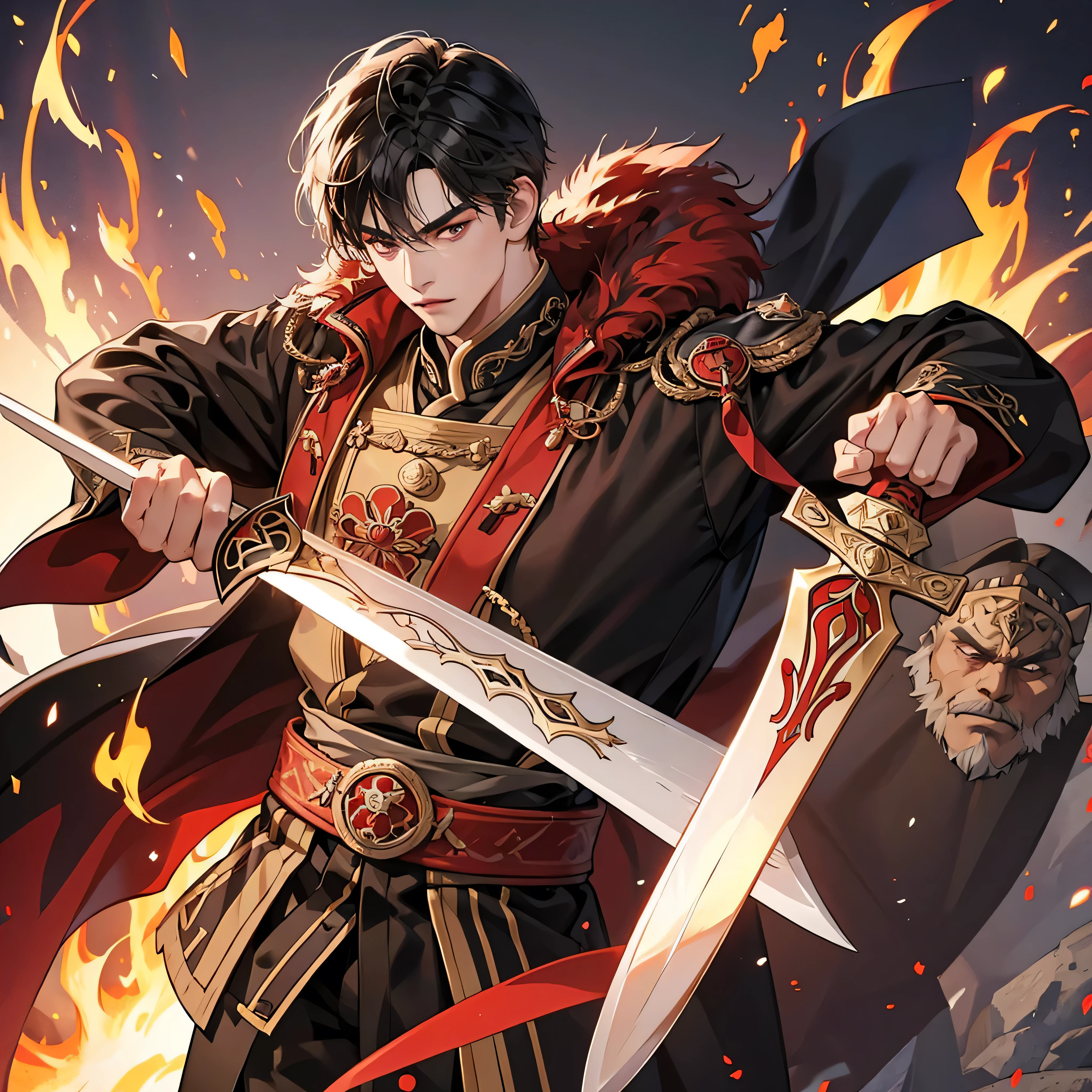 1 handsome genghis khan, manly, handsome, sword, flame, demon slayer, 8k, hd, unreal engine,