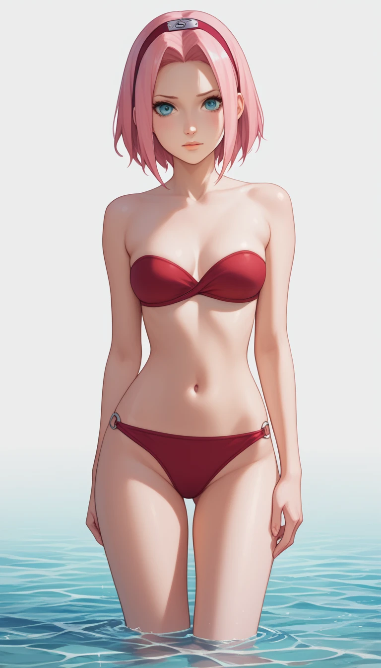 beautiful sakura haruno, with medium breast, lean body, thick waist, wearing strapless bikini, looking at viewer, embarrassed, looking straight to the viewer, seductive pose, standing in water