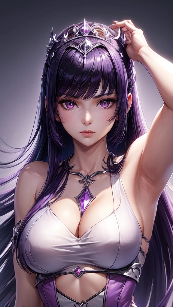 1girl, bare shoulders, black hair, breasts, lips, long hair, looking at viewer, medium breasts, purple hair, solo, tiara,upper body,