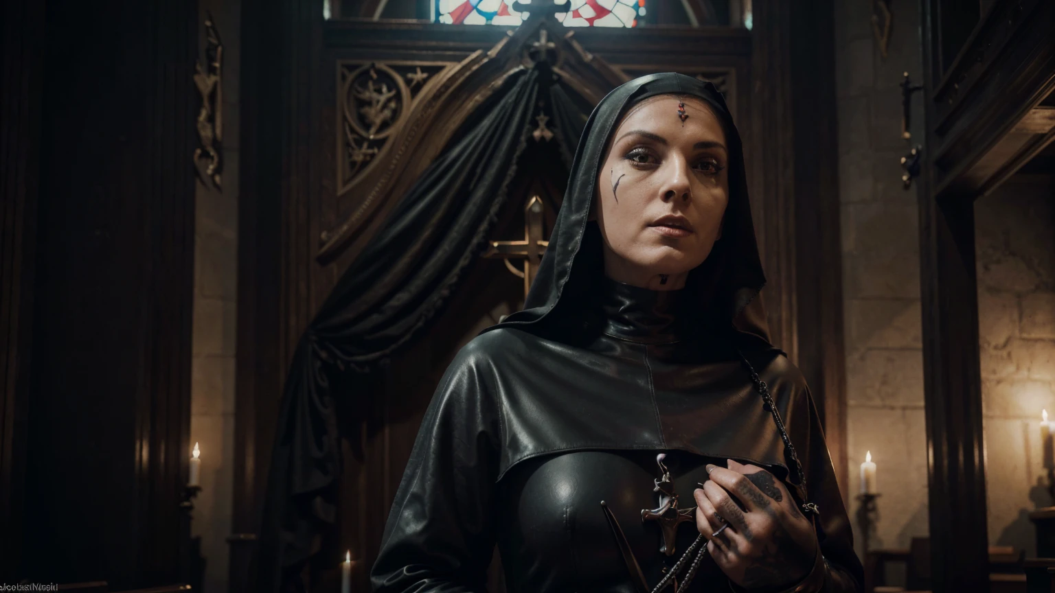 satanic cult. (best quality,4K,8K,high resolution,masterpiece:1.2),Super detailed,(actual,photoactual,photo-actual:1.37), best quality,realistic, female assassin, tattooed. satanic sexy nun wearing dominatrix latex nun-habit and gimp mask. holding realistic whip in satanic church Church Of Satan. torture, agony, fear.