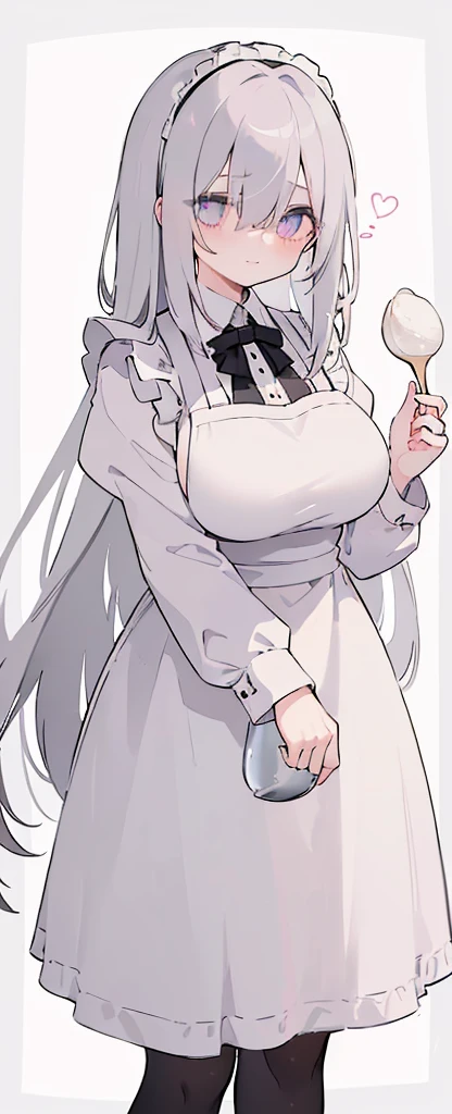 (((Long gray Beautiful Hair))),gray hair,kawai,(((Eyes visible from bangs,hair over eyes:1.3))),,Huge breasts,(pink color eyes),,(pink slanted eyes),1girl in,bangs,long gray hair, pantyhose,Cowboy Shot,white background,short hair,smiled,(wearing pink maid clothes), (maid dress type must have a perfect black vest), Bangs should be long to the tip of the chin(((, focusing on the bowl containing the dough and holding a spoon to stir it))), Kitchen room background, Perfect arm fingers,,, 1 girl, ((The image must match the tag)) Bangs almost cover the eyes full body (The character's entire body from top to bottom is completely visible)