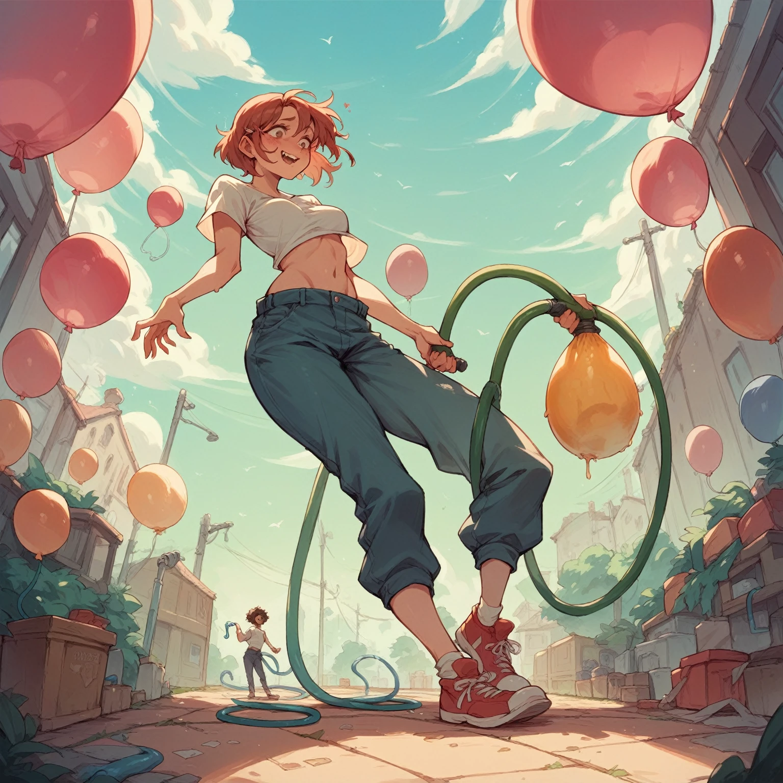 A girl with her belly and breasts being inflated like a giant balloon with a hose