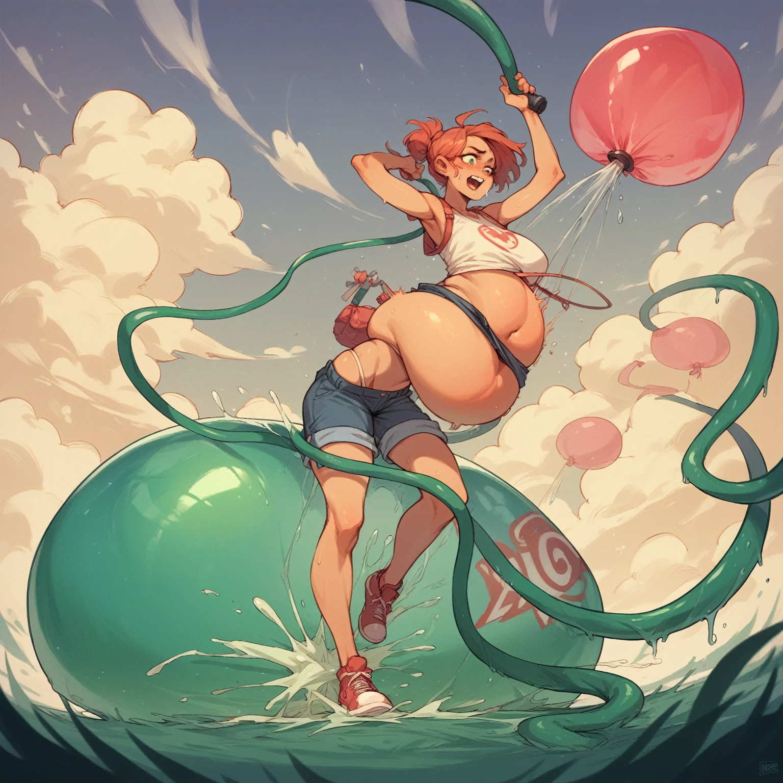 A girl with her belly and breasts being inflated like a giant balloon with a hose