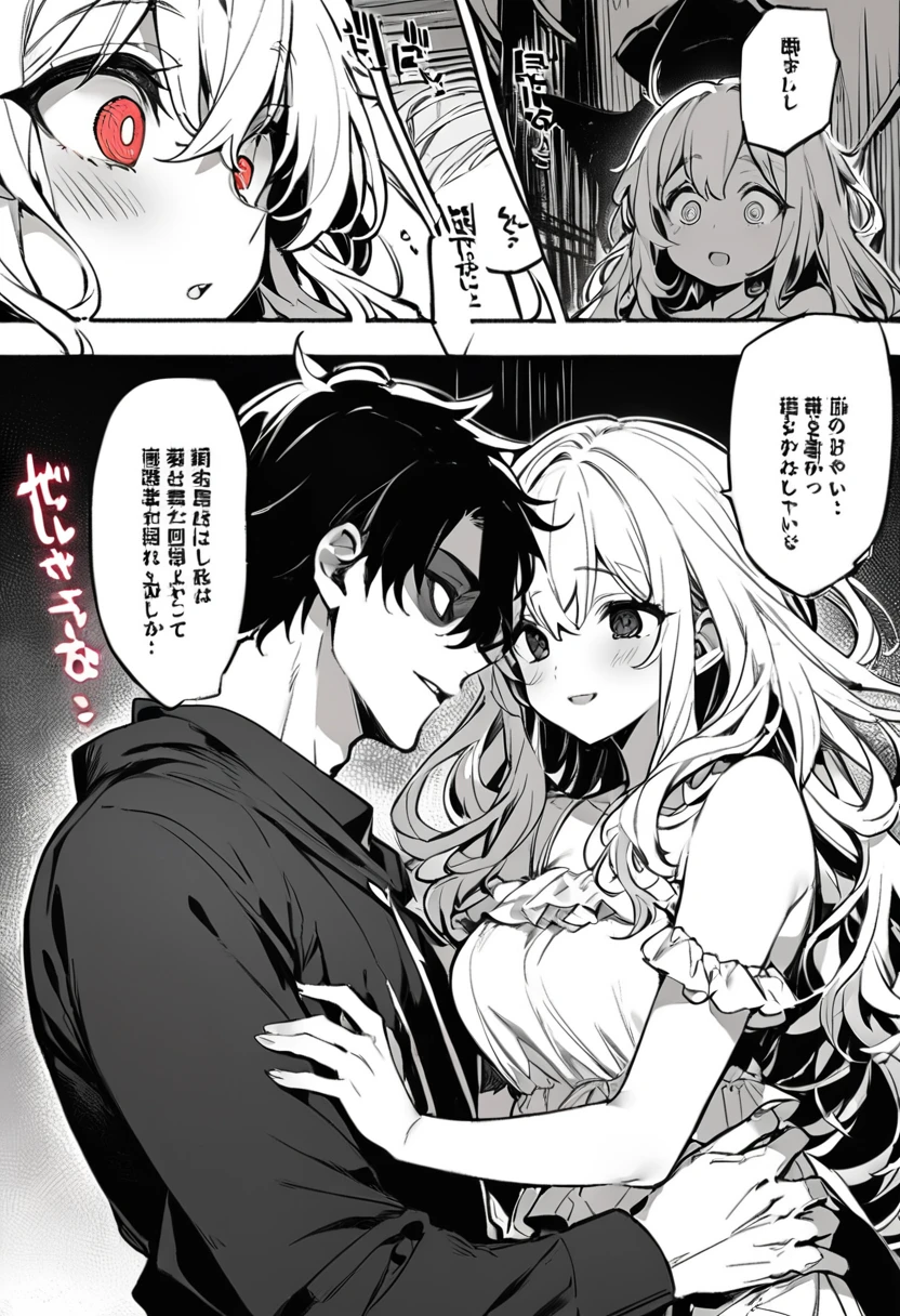 Best Quality , negro & white, Line art, 1 man and 1 woman, 23 years old, Whole body,-Half body, long, Dark, messy hair., White skin,, scary eyes,The falling in love scene in the manga is cute.: a couple, man and woman confess their love.