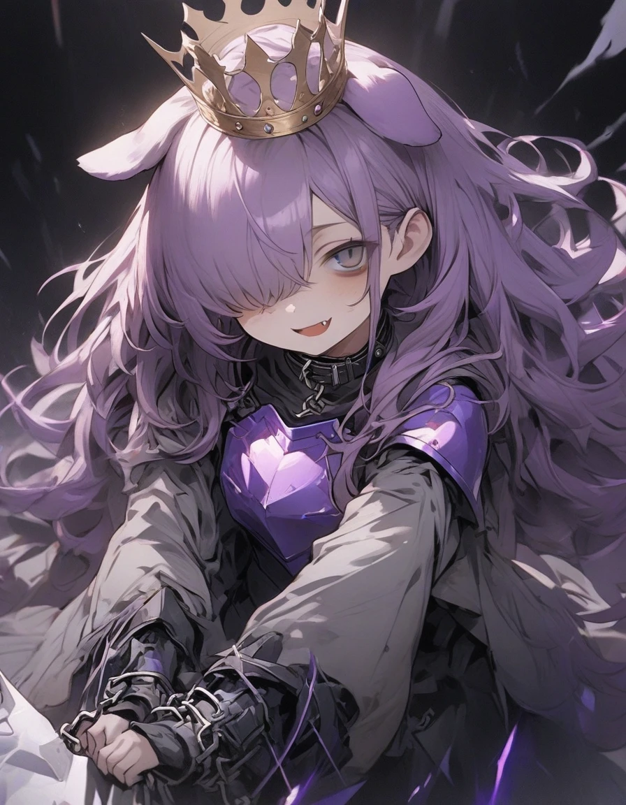 frill,frilled sleeve,(1girl:1.2), {masterpiece), best quality, illustration, expressionless,chest,(purple hair:1.1),,,,bags_under_eyes, (hair over one eye:1.25),,, jimiko, long hair, big hair,(shaded face:1.1),wince, ,, darkness,(dog ears:1.1), chained collar,collar,smile,fang, ,knight armor,(crown:1.2),spiked armor,grey cloak,grey shirts,,,(purple armor:1.1),,,,,standing pose,1girl white background,cyber outfit, (cyber hi-tech boots:1.2), high resolution, digital painting, 8k high resolution, trending art station, white background, whole body. hold on high tech energy axe,(full body:1.3),