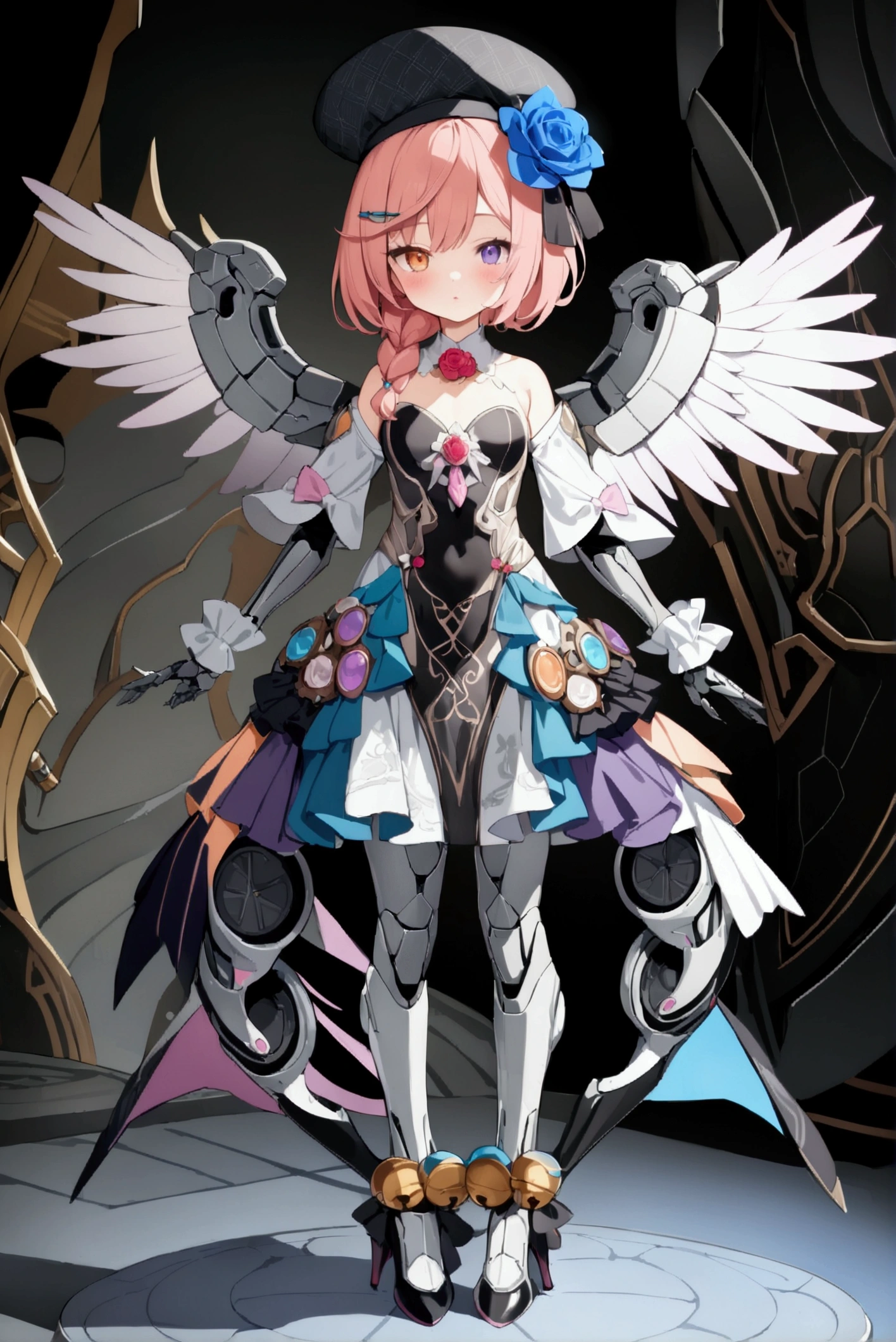 woman 160 cm tall, slim build, , charming look, ((heterocromia: look like, derecho naranja y look like izquierdo violeta)), (Shoulder Length Wavy Gray Hair, He has a short braid on the left side of his hair on his chest., big open bangs, has a gear hairpin on the left side of the hair), (((complex mechanical legs up to the hip, The legs are black with gray parts with small pink details))), (((complex mechanical arms up to the elbows, The arms are black with gray parts with small pink details))), (complex mechanical angel wings of white color with dark gray parts), elegant black French beret with a blue ribbon, (elegant thigh-length one-piece dress, bell skirt, short sleeves, elegant black hip belt with orange parts, small rose brooch in the middle of the chest, beautiful stiletto heels, blue and black ribbon decorations on the dress, (((character design sheet: Front view))), ((Whole body)), extremely detailed beautiful hair, beautiful detailed dress, extremely detailed arms, extremely detailed face, (Extremely detailed hands), perfect hands, small face, hermosos look likes detallados, beautiful detailed lips, adorable, extremely detailed legs, (Best Quality, 8k, High resolution), ultra detailed, Exquisite and epic character art, ((White background)), (Focus on symmetry).