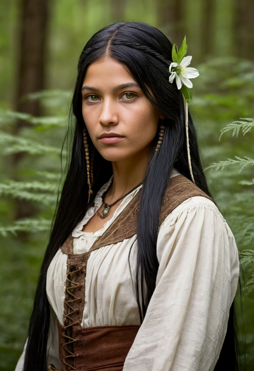 Extremely beautiful woman of Apache and English descent similar to Julia Jones with green eyes, long black straight hair. From the Victorian era but dressed humbly like a peasant girl found in the forest