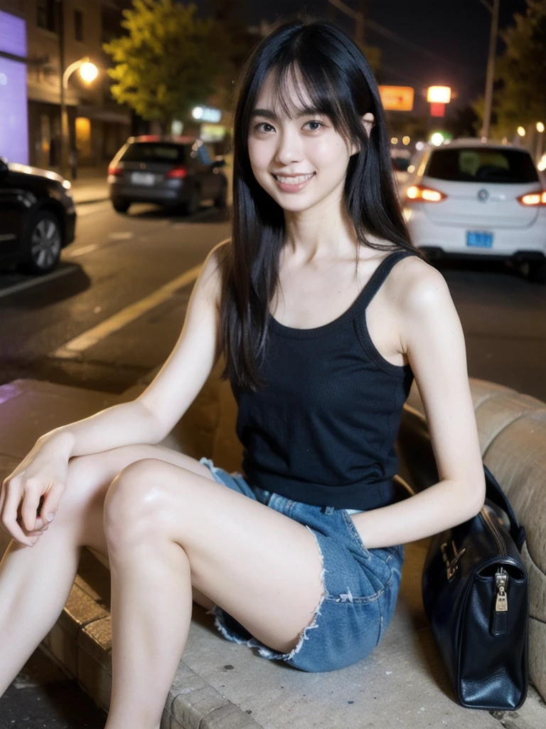 a slim young woman was sitting on the sidewalk with a satisfied facial expression and a small smile. He has long hair, wearing a tight knit tank top and shorts, and holding a small black bag in her lap. Behind, there is a wall with graffiti. This scene was taken at night, with street lights illuminating the area and several vehicles visible in the background.