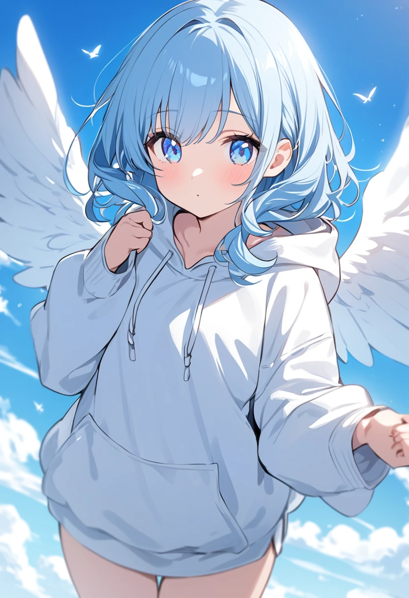 One Girl、Light blue hair、Light blue eyes、White hoodie、Angel Girl、cute