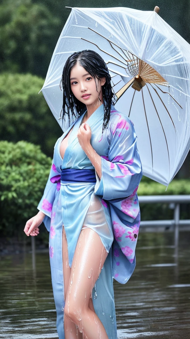 最high quality、high quality、Best image quality、8k、最High resolution、High resolution、最high quality、masterpiece、RAW Photos、whole body photos、Detailed and realistic human body、Detailed and realistic skin、Realistic face in every detail、Detailed and realistic eyes、Detailed and realistic lips、Detailed and realistic teeth、Detailed and realistic ears、Detailed and realistic hair、Realistic reproduction of every detail、((Beautiful Hands(thumb1、reference4))、Realistic feet down to the last detail、((Beautiful Japanese Girl))、hijab, (Japanese Model)、 12 year old beautiful girl))、((whole body))、((Slim and perfect figure))、(Flat chest、Small breasts)、(whole body glossy skin、Fair skin)、Mini Chinese Dresini Kimono、Mini Ninja Costumes、Japanese tradition、Japanese garden、Rain clouds spreading across the sky、Heavy rain weather、Pouring rain、A storm of wind and rain、((Colorful floral pattern(See-through kimono dress))、((Pouring rainの中でリラックス(Poses to make your thighs look beautiful))、((Soaked skin from head to toe))、((Kimono soaked in the rain(Rain dripping from the clothes))、((Her body lines are clearly visible through her wet kimono.))
