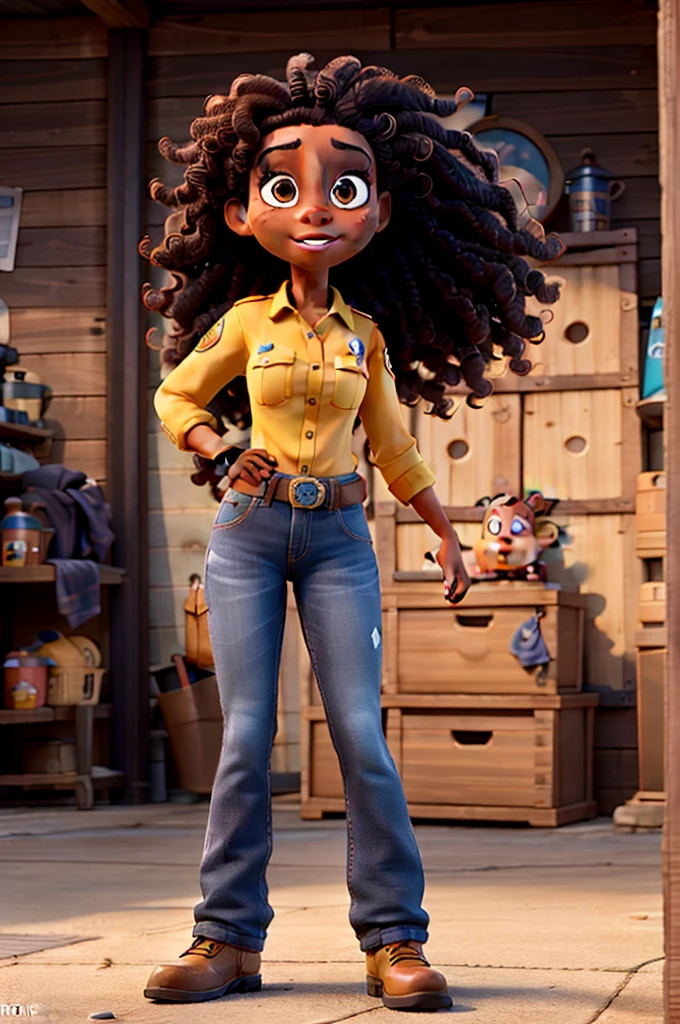 Create a Disney Pixar-style character, Woman, with black skin, with long curly dark brown hair, honey colored eyes, dressed in firefighter outfit