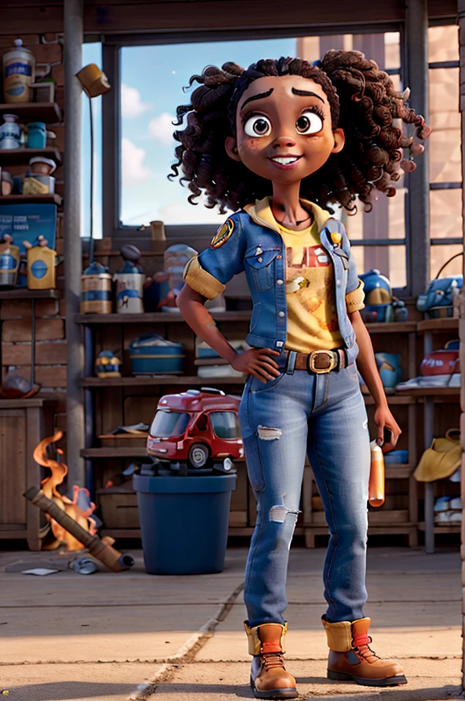 Create a Disney Pixar-style character, Woman, with black skin, with long curly dark brown hair, honey colored eyes, dressed in firefighter outfit