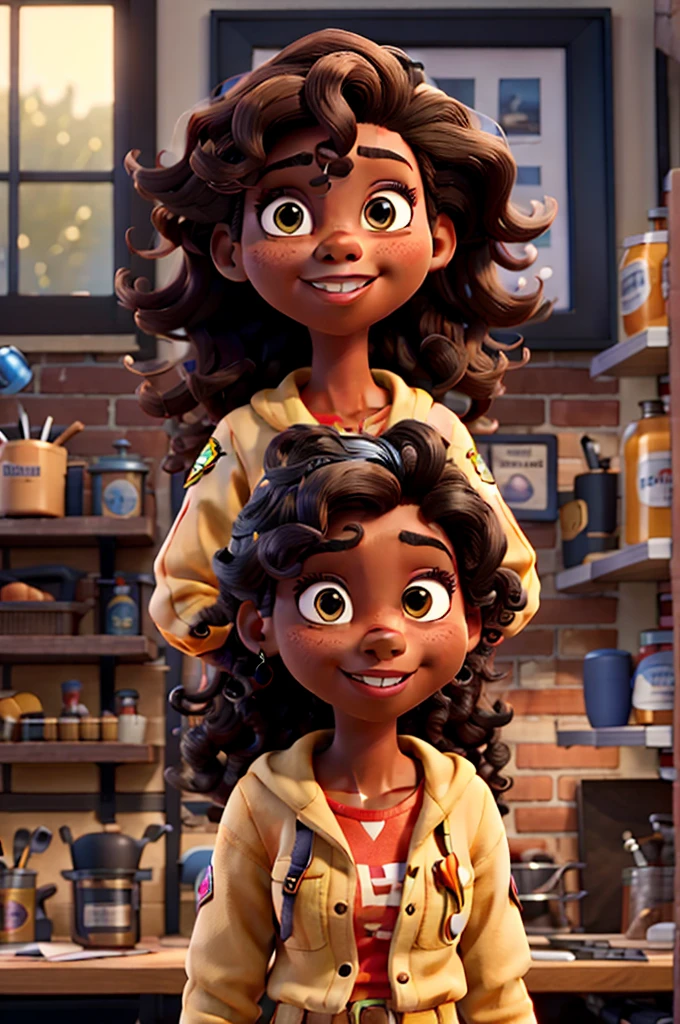 Create a Disney Pixar-style character, Woman,  with black skin, with long curly dark brown hair, honey colored eyes, dressed in firefighter outfit 
