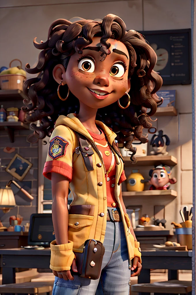 Create a Disney Pixar-style character, Woman, with black skin, with long curly dark brown hair, honey colored eyes, dressed in firefighter outfit