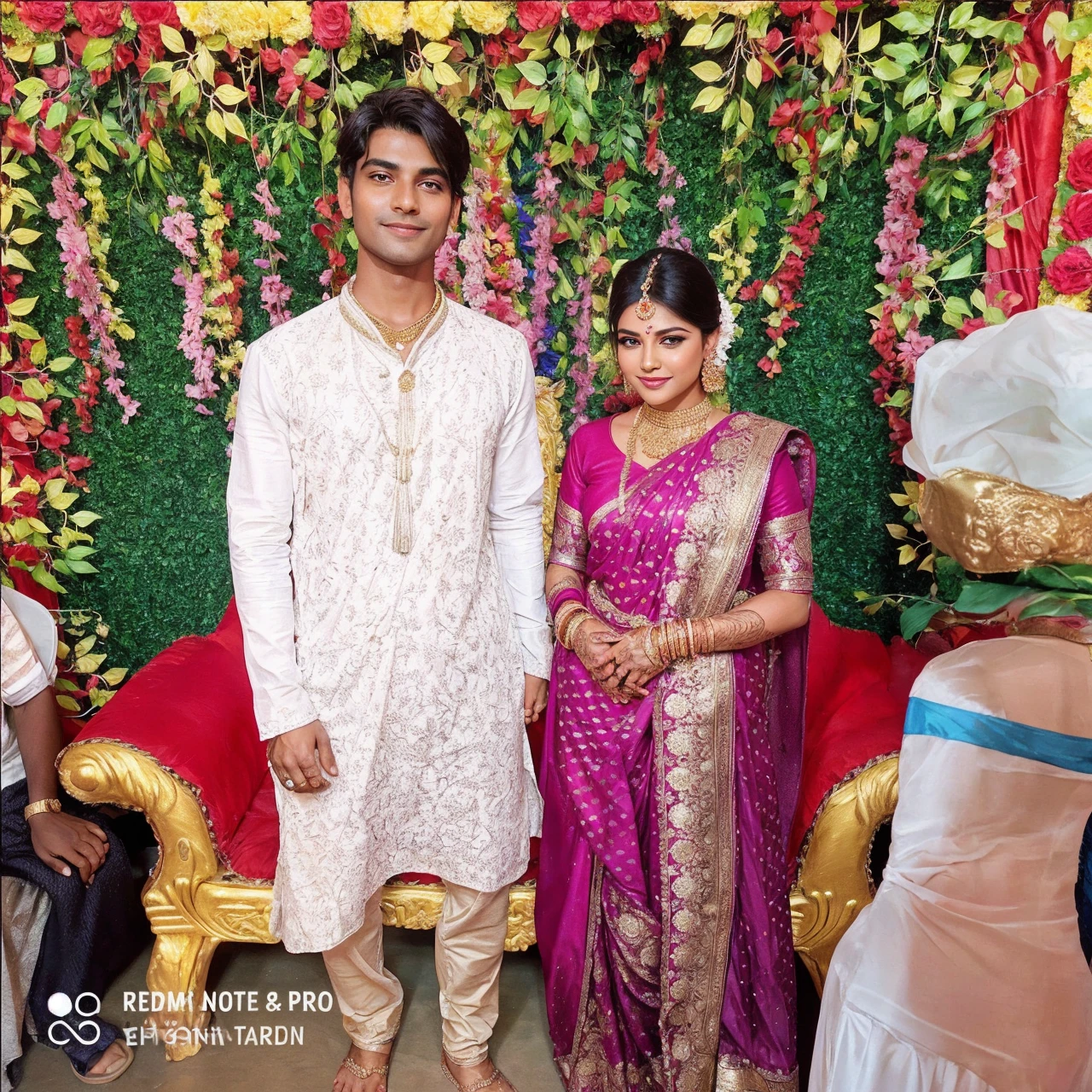 Imagine Imagine The image depicts a couple standing together at what appears to be a wedding or a celebratory event. Both individuals are dressed in traditional Indian attire, indicative of a festive occasion.

The man is wearing a white kurta with intricate embroidery, paired with gold-colored churidar pants. He has short hair and is standing with a relaxed demeanor, with his hands by his sides.

The woman is dressed in a rich, magenta-colored silk saree adorned with gold embroidery and borders. She has accessorized with traditional gold jewelry, including necklaces, bangles, and earrings. Her hair is styled in a neat bun, decorated with white flowers. She also has henna (mehendi) designs on her hands, which is typical for weddings and special occasions. She is standing gracefully with her hands clasped in front of her.

The backdrop features a lush, green artificial wall adorned with colorful flowers, creating a vibrant and festive ambiance. There are red, yellow, and pink flowers hanging in a decorative pattern, enhancing the celebratory feel of the scene. The couple is standing in front of a plush red sofa with gold accents, adding to the regal and festive setting. Additionally, there are gift-wrapped items visible in the background, likely wedding gifts.
The man has a slim face with short, dark hair that is neatly styled. He has a calm expression with a slight smile, projecting a relaxed and composed demeanor. His skin tone is medium, and he appears to be clean-shaven.

The woman has a round face with well-defined features. Her dark hair is styled in a smooth bun adorned with white flowers. She is wearing traditional makeup, which includes a bindi on her forehead, bright red lipstick, and well-defined eye makeup that accentuates her eyes. Her expression is serene, and she is also smiling slightly. Her overall look is elegant and traditional, fitting for the festive occasion.  Both are nude