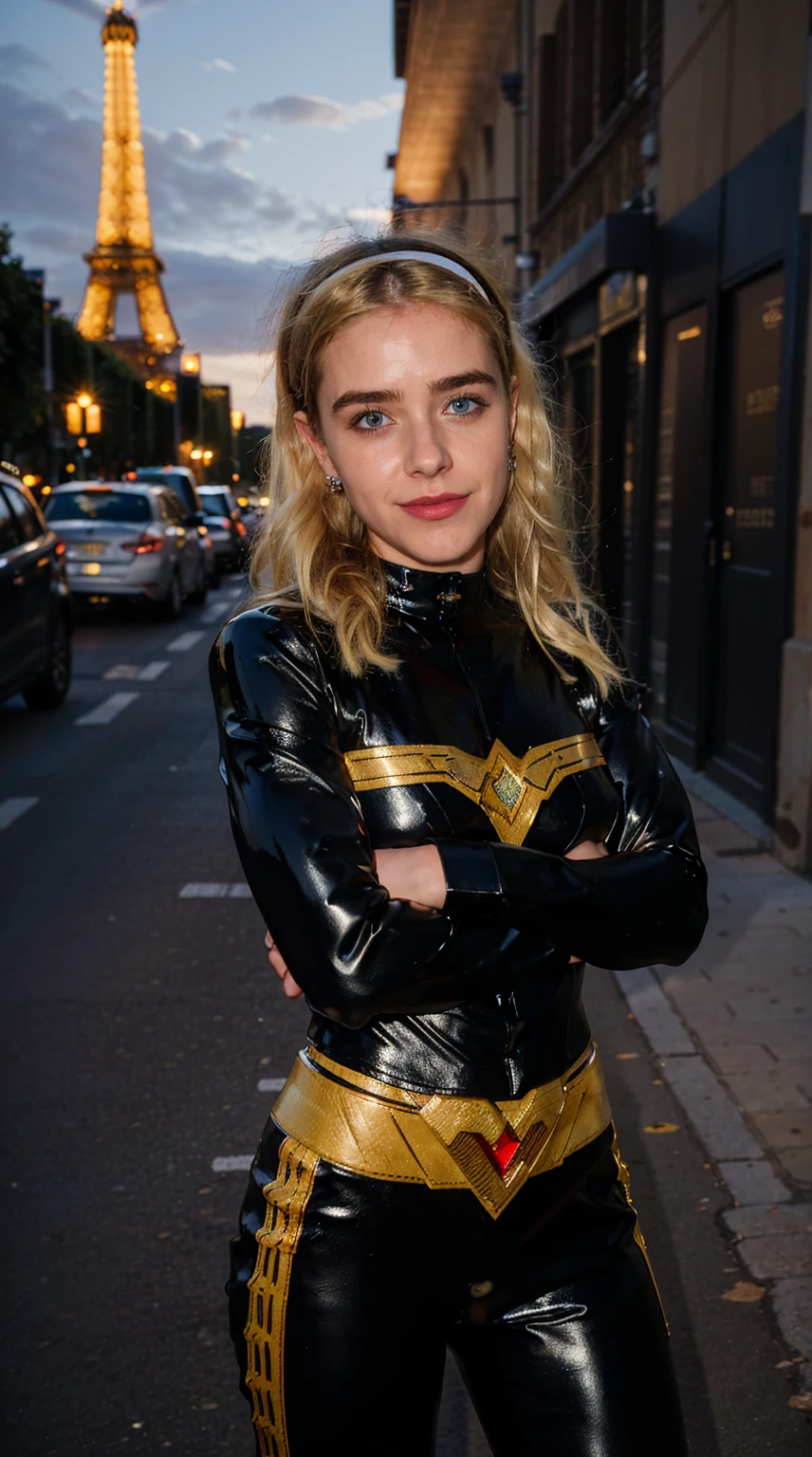 Masterpiece, Best quality, (solo girl), (close portrait), (photorealistic1.4), (epiCRealLife), (flashphoto), (UHD), (young woman), (blonde hair), (blue eyes), (Wondergirl_YJ latex black armor costume), (Wondergirl_YJ black hairband) (long red Wondergirl_YJ sweat pants), (Wondergirl_YJ black costume) (, (outdoor ), (Paris Street), (Eifel Tower), (Kiernan Shipka smile),(sks woman), (pose for picture), (cowboy shots)