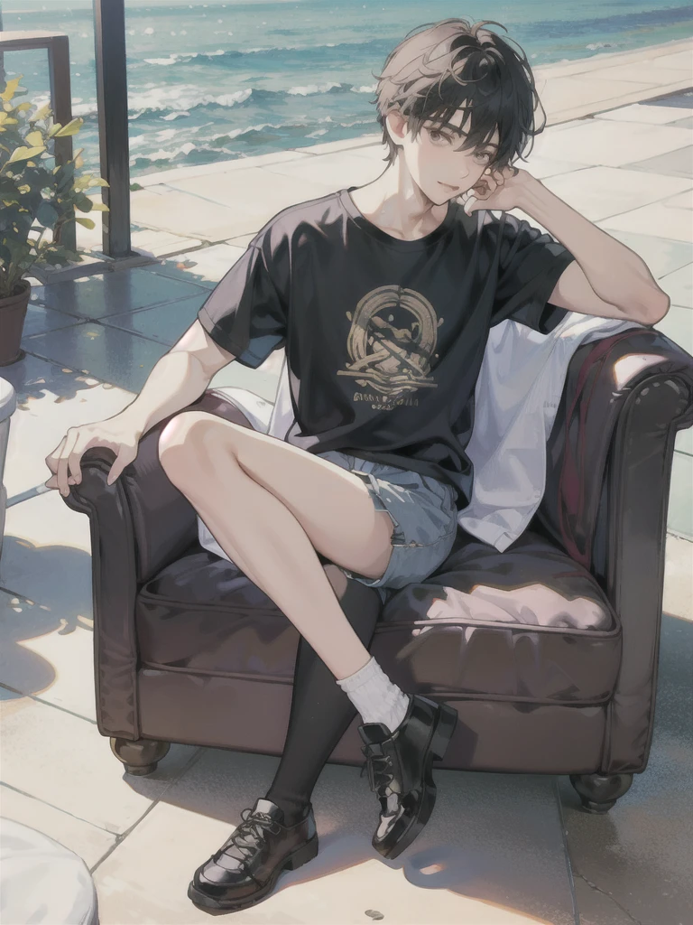 young small boy sit, fll body, shorts, t shirt, shoes