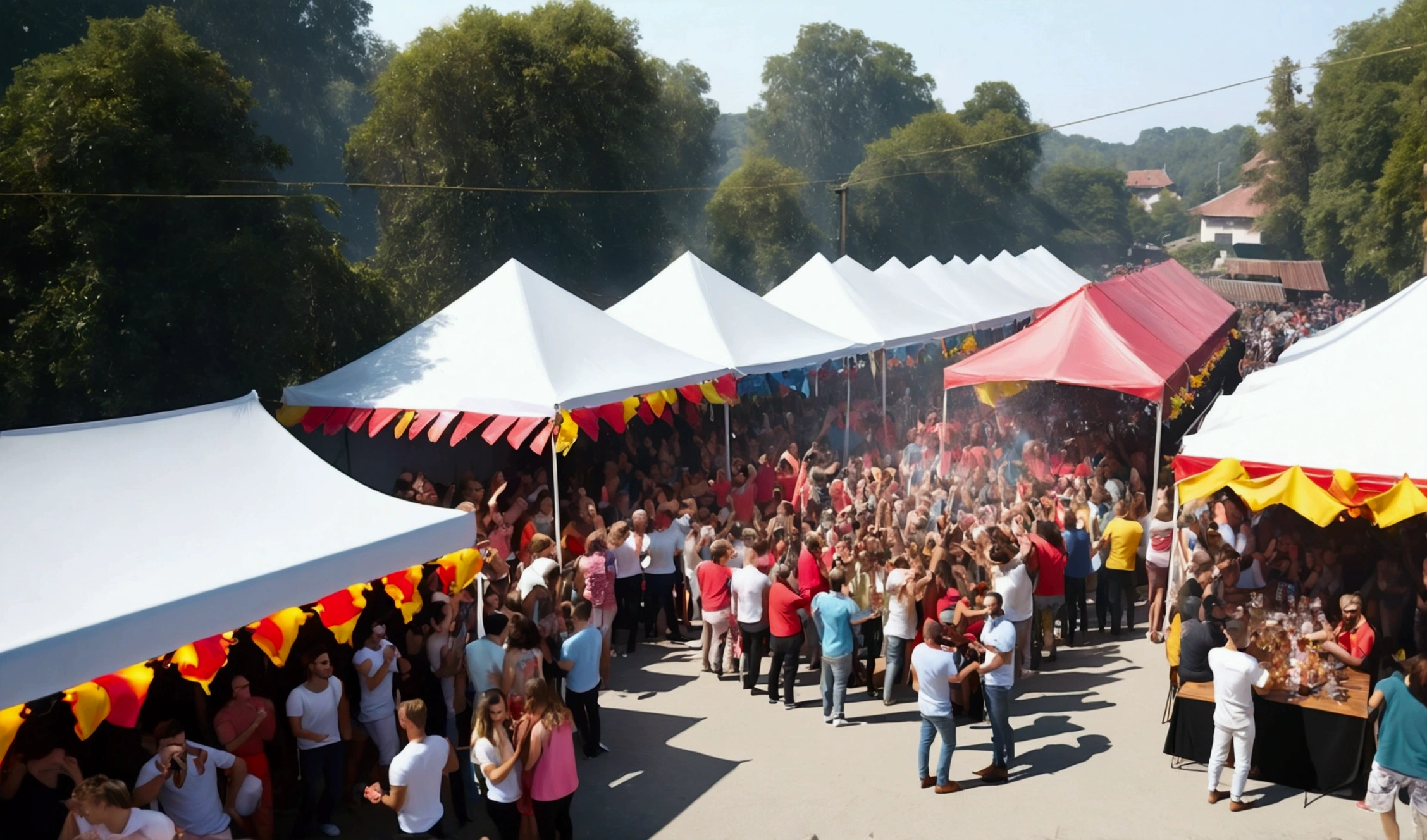 (best quality,4k,8k,highres,masterpiece:1.2),ultra-detailed,(realistic,photorealistic,photo-realistic:1.37),aerial view of an outdoor party with friends wearing matching colored clothes and drinking beer,colorful lights,happy atmosphere,group portrait,summer festival,warm tones,natural lighting,vibrant colors,dynamic composition