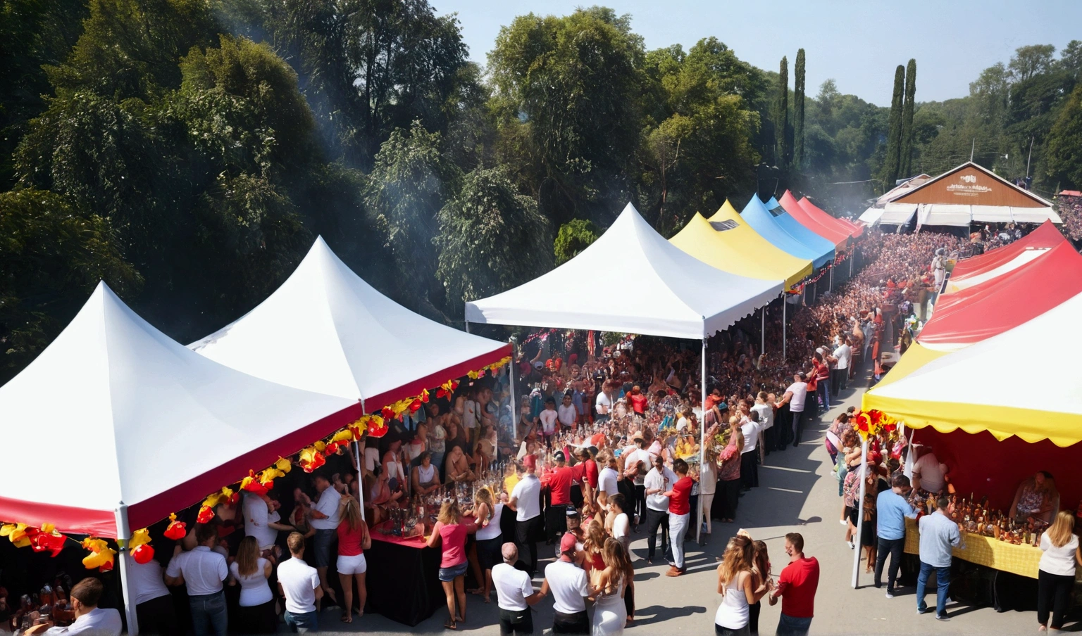(best quality,4k,8k,highres,masterpiece:1.2),ultra-detailed,(realistic,photorealistic,photo-realistic:1.37),aerial view of an outdoor with friends wearing matching colored clothes and drinking beer,colorful lights,happy atmosphere,group portrait,summer festival,warm tones,natural lighting,vibrant colors,dynamic composition