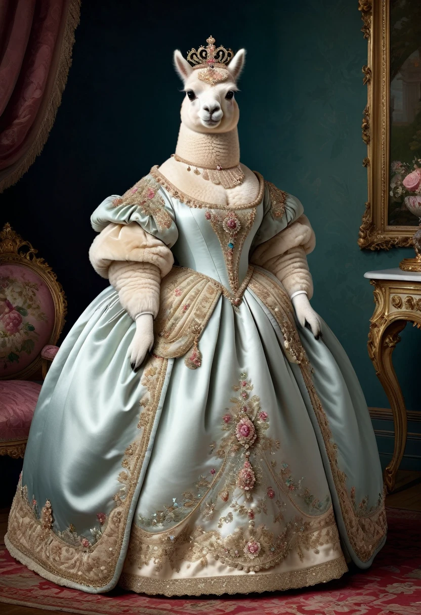 photorealistic portrait of Dressed animals - a ((fat)) (alpaca) princess, (full body image:1.5),(elegant pose:1.5) Wearing luxury sack-back gown,(wearing luxury tiara),(hands on hips:1.5), Old-fashioned luxury princess dress, detailed and opulent description of a princess's aristocratic sack-back gown in Rococo , emphasizing luxurious fabrics, intricate embroidery, and ornate accessories, Rococo style king palace  background,(looking at viewer:1.5),score_9, score_8_up, score_7_up, score_6_up, score_5_up, score_4_up,