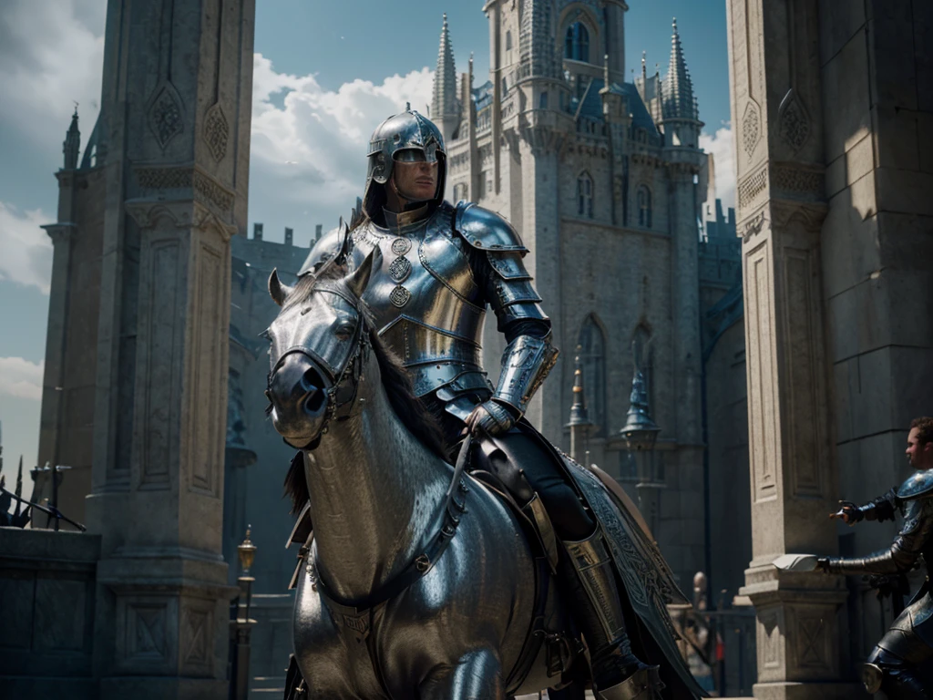 a knight in shining armor, highly detailed, intricate armor, epic fantasy, cinematic lighting, dramatic pose, grand castle in the background, glowing sword, powerful, majestic, (best quality,4k,8k,highres,masterpiece:1.2),ultra-detailed,(realistic,photorealistic,photo-realistic:1.37),dramatic lighting,cinematic composition,heroic,digital art,concept art