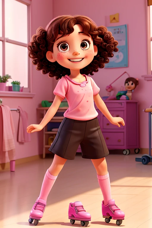 a photo of dodora carinss, a 7 year old girl, happy and smiling, white with freckles, with shoulder length brown curly hair, brown eyes, pink blouse, black pants, pink skates, roller skating