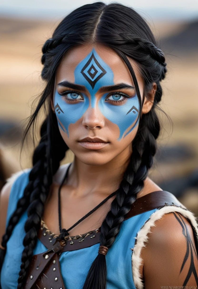 I want you to create a character. She is a young 25-year-old woman with the typical characteristics of the Apache people. Her long, straight black hair, which is braided, frames a face with tanned skin, common among her people. His light blue eyes contrast with the color of his skin, creating a penetrating and expressive look. She wears a traditional Viking outfit, with black leather and her face is painted with battle paint, she is a warrior.