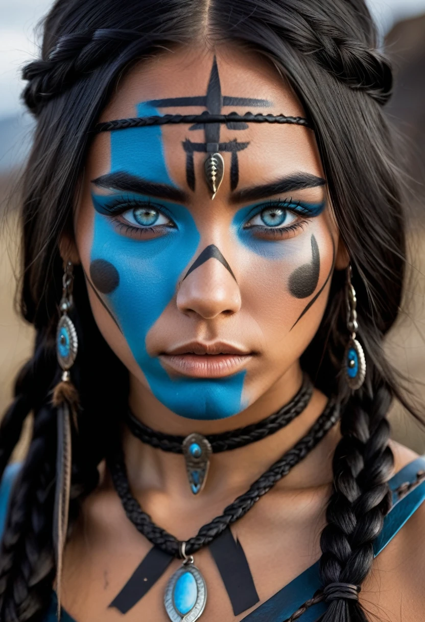 I want you to create a character. She is a young 25-year-old woman with the typical characteristics of the Apache people. Her long, straight black hair, which is braided, frames a face with tanned skin, common among her people. His light blue eyes contrast with the color of his skin, creating a penetrating and expressive look. She wears a traditional Viking outfit, with black leather and her face is painted with battle paint, she is a warrior.