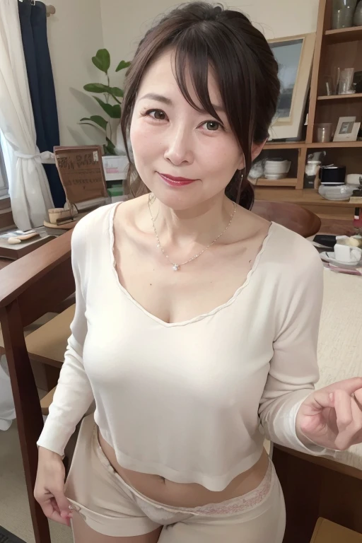 Beautiful mature Japanese woman aged 55, Married women, Delicate features, Long eyelashes, Sparkling eyes, Low Ponytail, Red lipstick, elegant, A great person, Sexy open blouse, skirt, skirt lift, Beige panties, Reveal panties, Pearl Necklace, photograph, Sensual pose, Viewer discretion advised