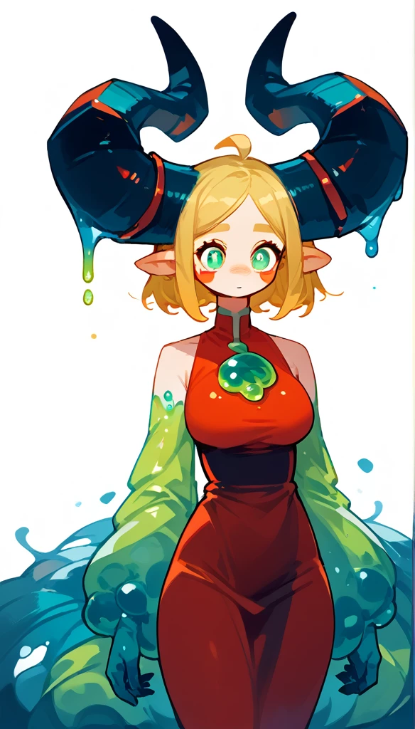score_9, score_8_up, score_7_up, (clear simple background, white background, papyrus background), ((adult))
(Goo girl, Sime:1.2), mature , lagre_breasts , monstergirl, anthro, solo, (female), (green_skin, fullbody, curvey bode, cute face, focus), beautiful, demon horns, large horns, curving horns