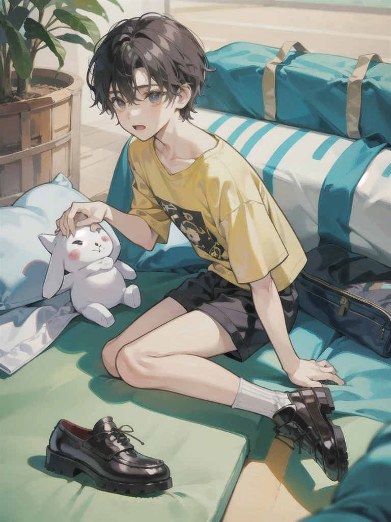 young small boy sit, fll body, shorts, t shirt, shoes