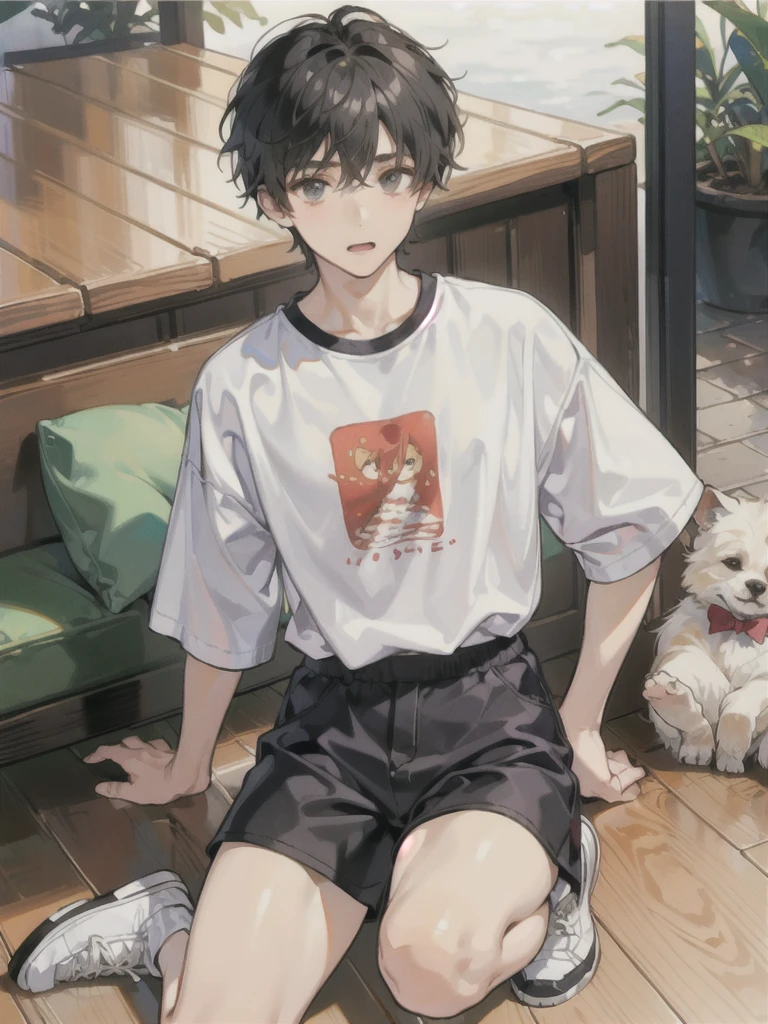 young small boy sit, fll body, shorts, t shirt, shoes