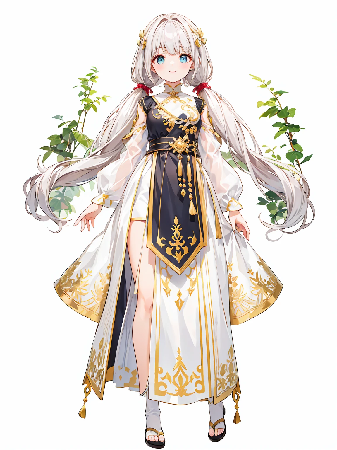 Full body ,dynamic Standing ,(เหมือนจริง:1.37)、Full body ,(ผลงานชิ้นเอก),masterpiece, best quality, 1girl, solo, long_hair, looking_at_viewer, white hair twintails, grees eyes, smile, bangs, Farmer's costume, olden times, Europe, full body, full body , พื้นหลังสีขาว , (Full body:1.5), Blank white background, (white background), Transparent background, looking down, ((masterpiece, illustration, best quality))