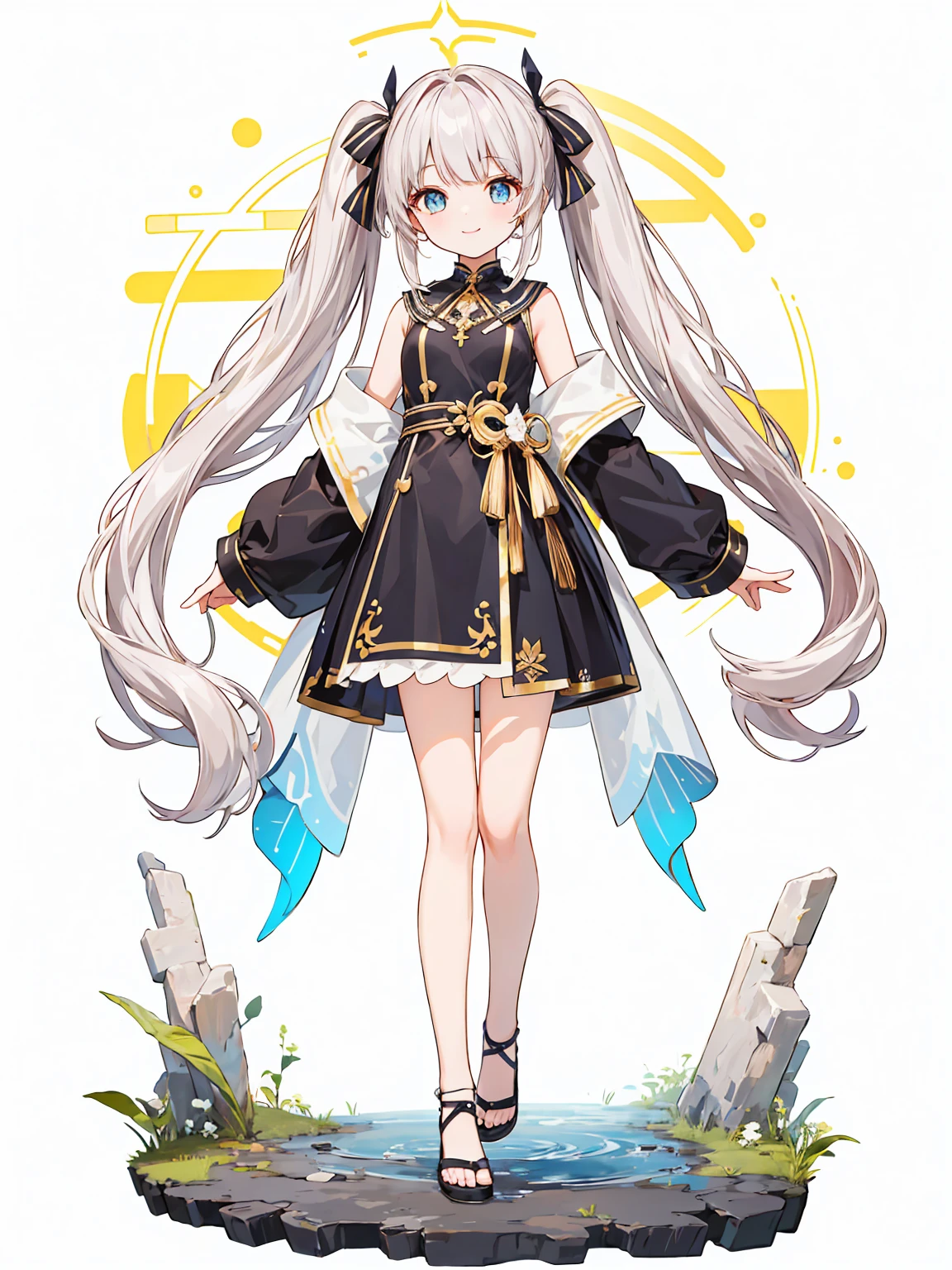 Full body ,dynamic Standing ,(เหมือนจริง:1.37)、Full body ,(ผลงานชิ้นเอก),masterpiece, best quality, 1girl, solo, long_hair, looking_at_viewer, white hair twintails, grees eyes, smile, bangs, Farmer's costume, olden times, Europe, full body, full body , พื้นหลังสีขาว , (Full body:1.5), Blank white background, (white background), Transparent background, looking down, ((masterpiece, illustration, best quality))