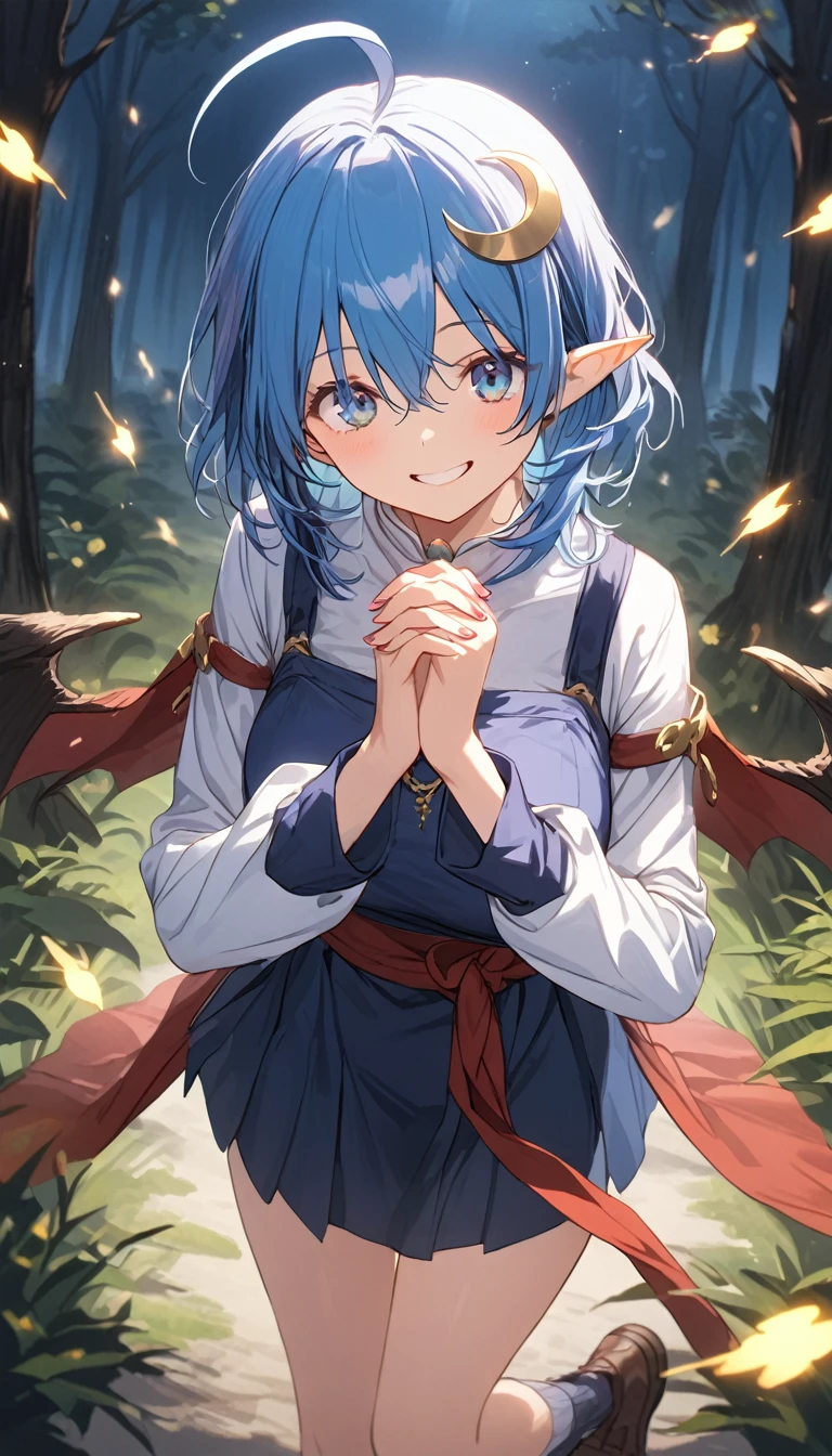 1girl, RENA LANFORD, 1GIRL, AHOGE, BLUE HAIR, SHORT HAIR, BLUE EYES, POINTY EARS
CRESCENT HAIR ORNAMENT, RED CAPE, BLUE VEST, LEATHER ARMOR, RED RIBBON, WAIST RIBBON, BLUE SKIRT, MINISKIRT, SHOES, BREAK kawaii, smile, cowboy shot, own hands clasped, forest, night, lightning bug, light particle, BREAK detailed face, smooth skin, cinematic lighting, volumetric shadow, BREAK score_9,