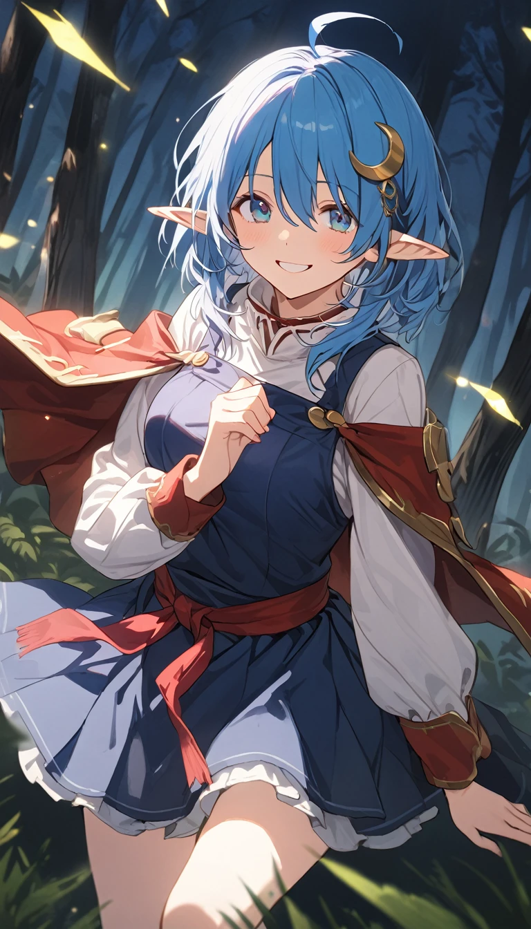 1girl, RENA LANFORD, 1GIRL, AHOGE, BLUE HAIR, SHORT HAIR, BLUE EYES, POINTY EARS
CRESCENT HAIR ORNAMENT, RED CAPE, BLUE VEST, LEATHER ARMOR, RED RIBBON, WAIST RIBBON, BLUE SKIRT, MINISKIRT, SHOES, BREAK kawaii, smile, cowboy shot, own hands clasped, forest, night, lightning bug, light particle, BREAK detailed face, smooth skin, cinematic lighting, volumetric shadow, BREAK score_9,