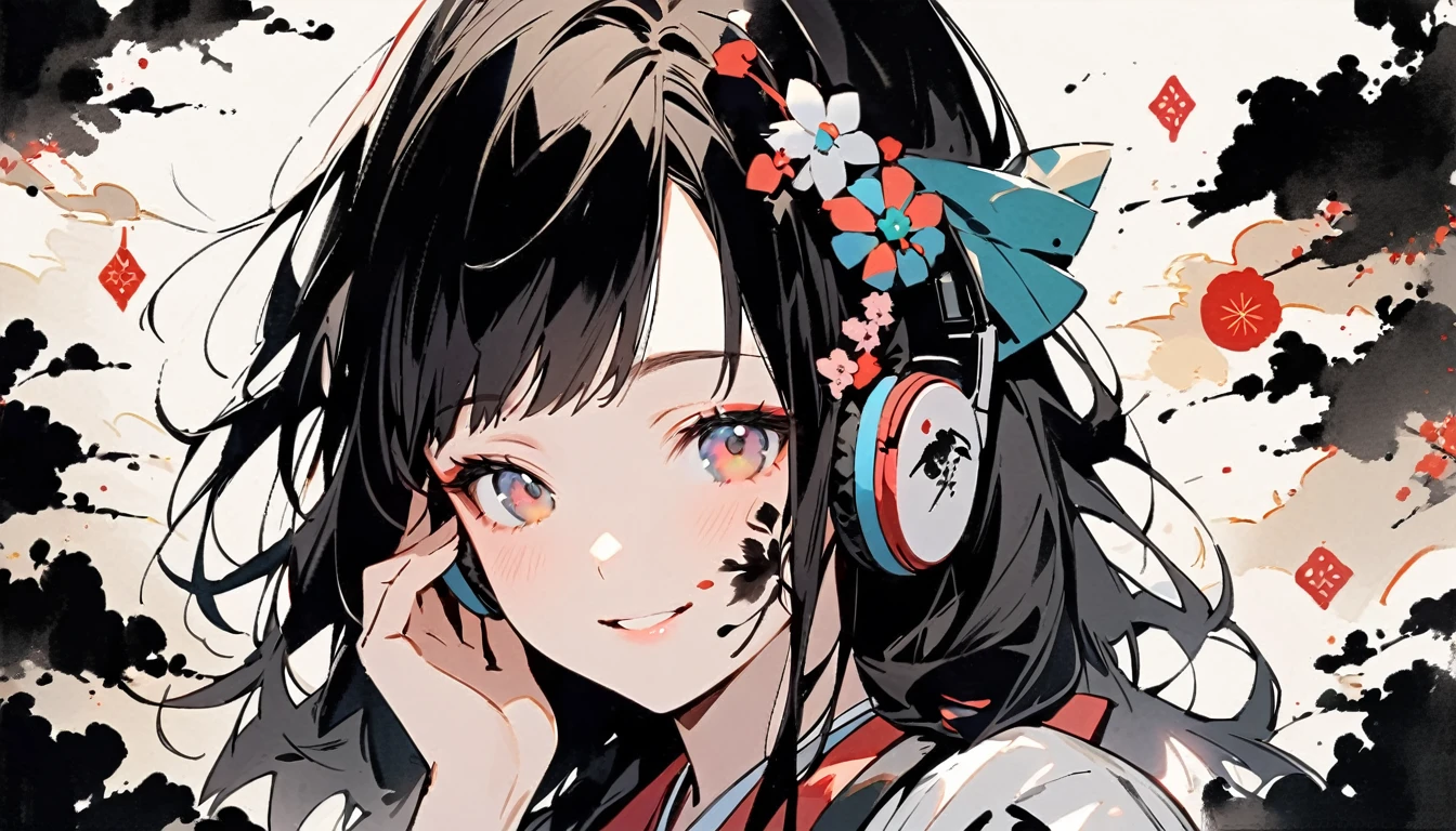 ((Ink Painting)), (((1 girl))), (((Tattoo on face))), (((Gorgeous hair accessories))), Japanese style headphones, face close-up, Japanese beautiful girl, Black Hair, Put your hands on your face, smile