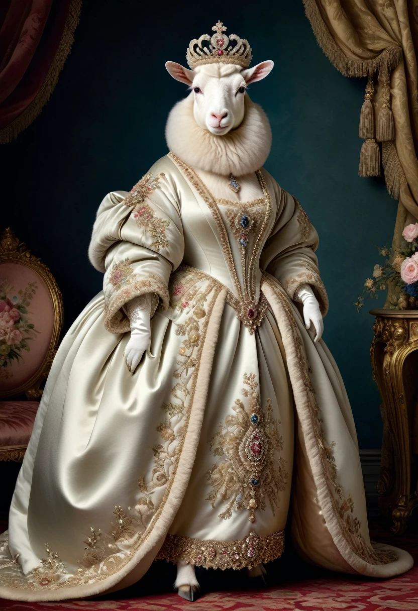 photorealistic portrait of Dressed animals - a ((fat)) (angora goat) Queen, (full body image:1.5),(elegant pose:1.5) Wearing luxury sack-back gown,(wearing luxury tiara),(hands on hips:1.5), Old-fashioned luxury clothes, detailed and opulent description of a queen's aristocratic sack-back gown in Rococo , emphasizing luxurious fabrics, intricate embroidery, and ornate accessories, Rococo style king palace  background,(looking at viewer:1.5),score_9, score_8_up, score_7_up, score_6_up, score_5_up, score_4_up,