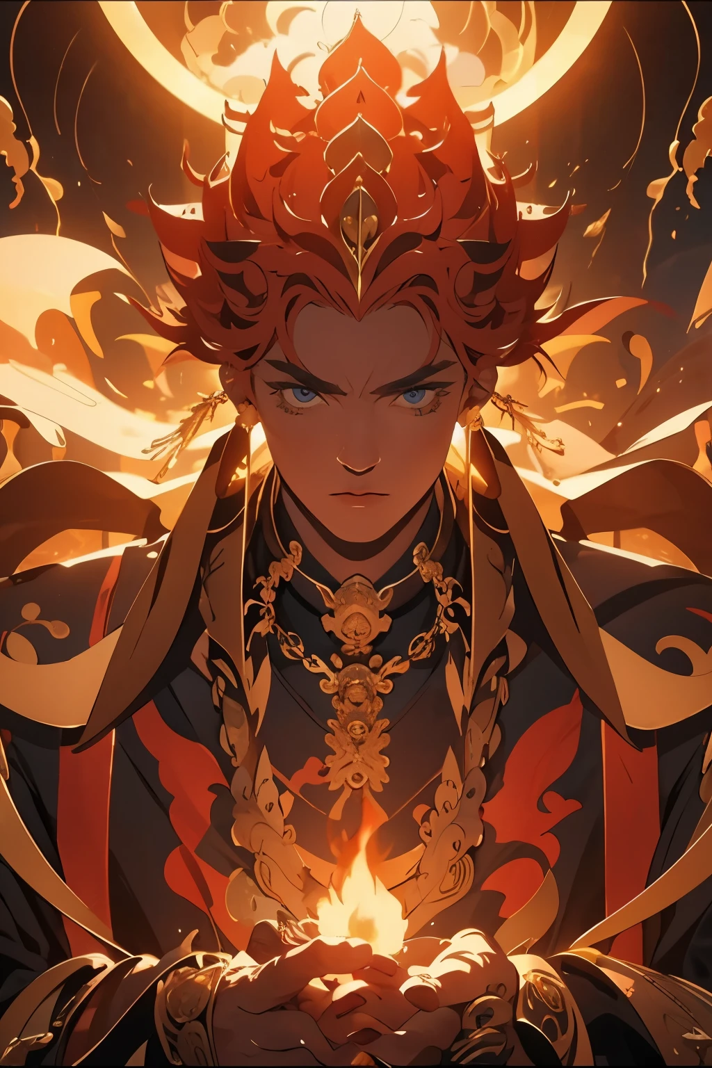 King Zang appears、High resolution、High resolution、8k、The background is a large flame。Masterpiece 2:1、、A god with a stern face、