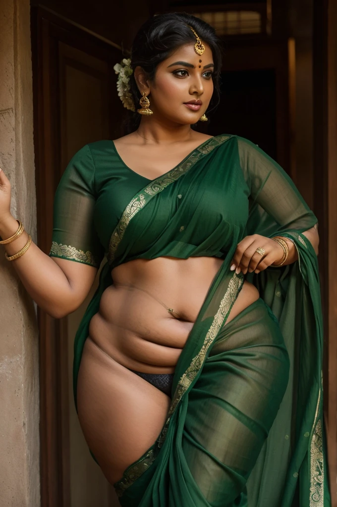 A indian plus size sexy aunty wearing dark green blouse and dark green saree she has big wide belly and fat legs