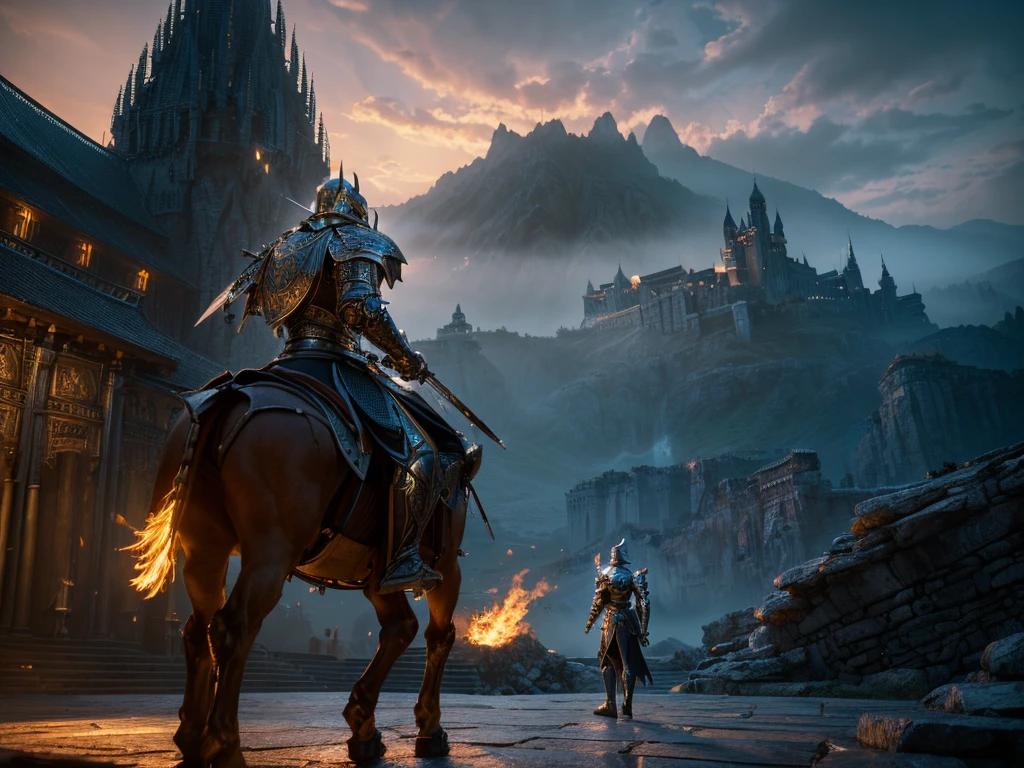 a knight in shining armor, highly detailed, intricate armor, epic fantasy, cinematic lighting, dramatic pose, grand castle in the background, glowing sword, powerful, majestic, (best quality,4k,8k,highres,masterpiece:1.2),ultra-detailed,(realistic,photorealistic,photo-realistic:1.37),dramatic lighting,cinematic composition,heroic,digital art,concept art